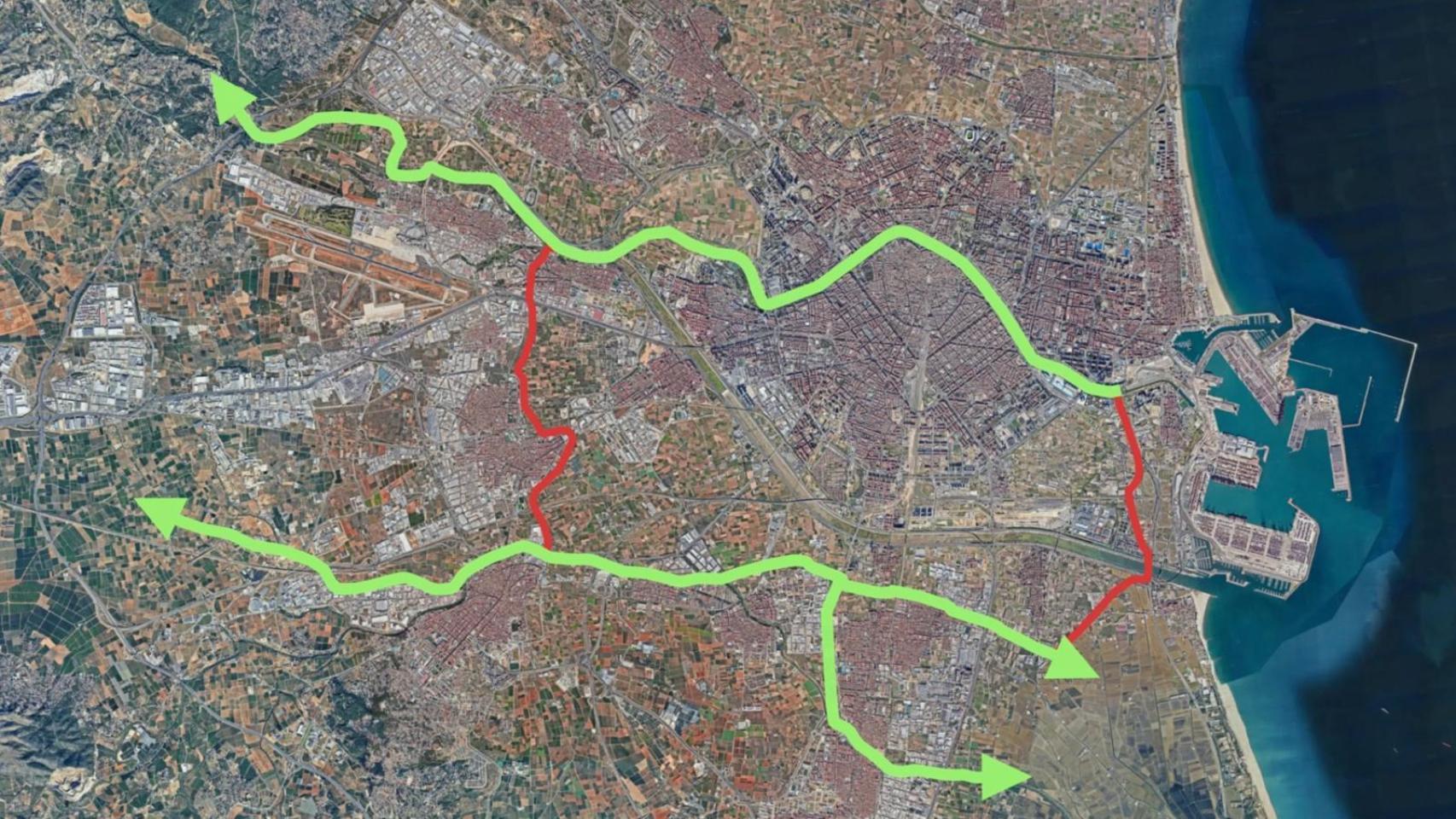 Trazado de los 35 kilómetros del parque inundable ideado por la Generalitat Valenciana. EE