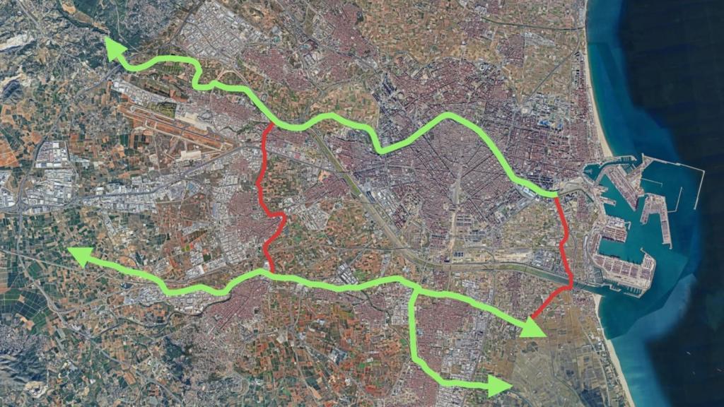 Trazado de los 35 kilómetros del parque inundable ideado por la Generalitat Valenciana. EE