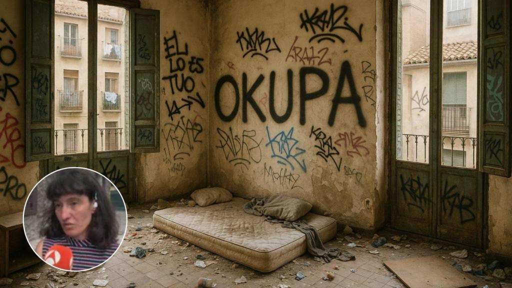 Imagen generada por IA de una vivienda okupada y Estibaliz, la propietaria afectada.