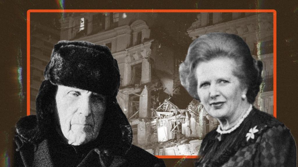 Patrick Ryan y Margaret Thatcher y el hotel donde atentó el IRA contra la exprimera ministra de fondo.