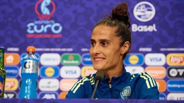 La entrenadora de la Selección femenina de fútbol España, Montse Tomé, durante la rueda de prensa previa a la final de la Eurocopa.