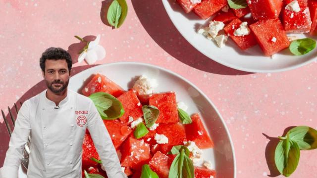 Montaje de una ensalada y el chef Eneko.
