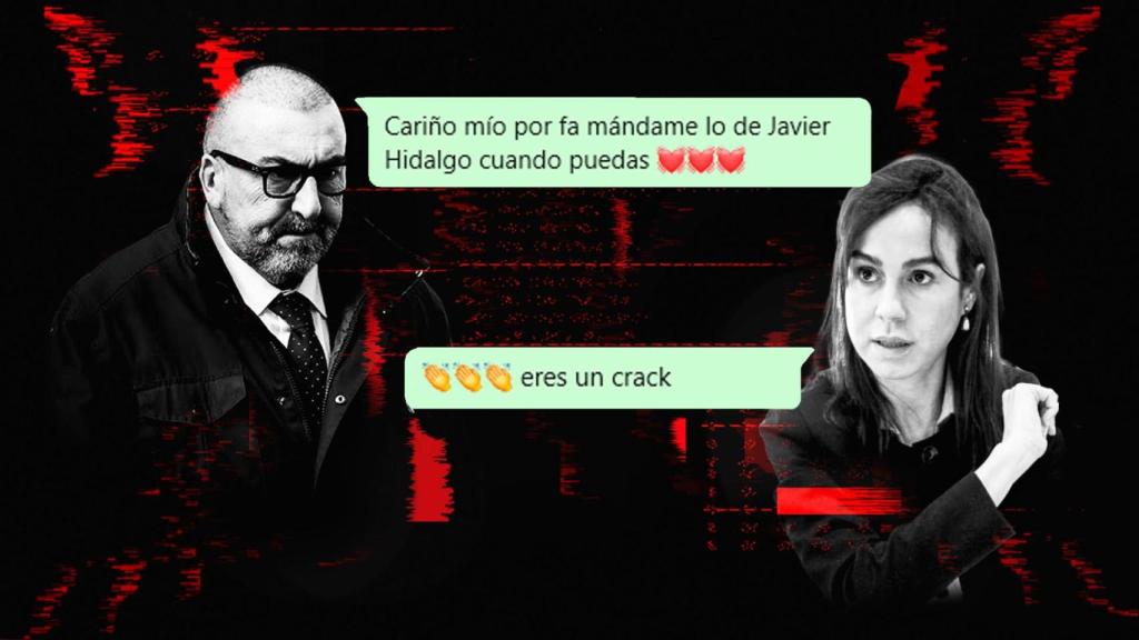 Koldo García e Isabel Pardo de Vera junto a dos whatsapps encontrados en el móvil de Víctor de Aldama.