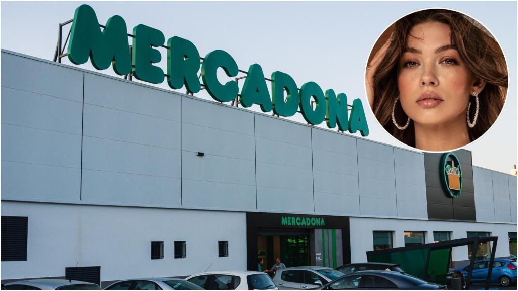 Fachada de Mercadona junto con una modelo.