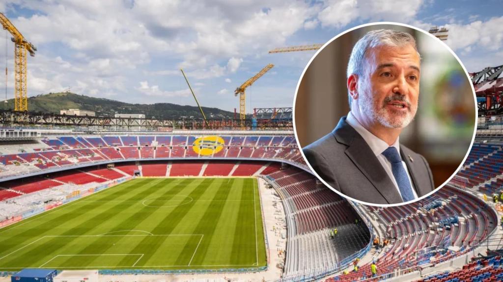Collboni, alcalde de Barcelona, en un montaje con las obras del Camp Nou