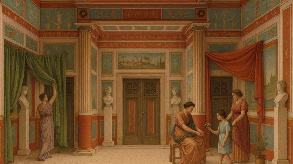 Interior de un hogar romano ostentoso y con cortinas.