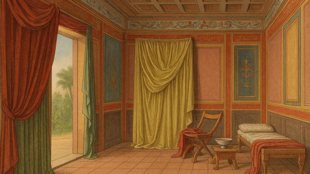 Una estancia romana con cortinas.