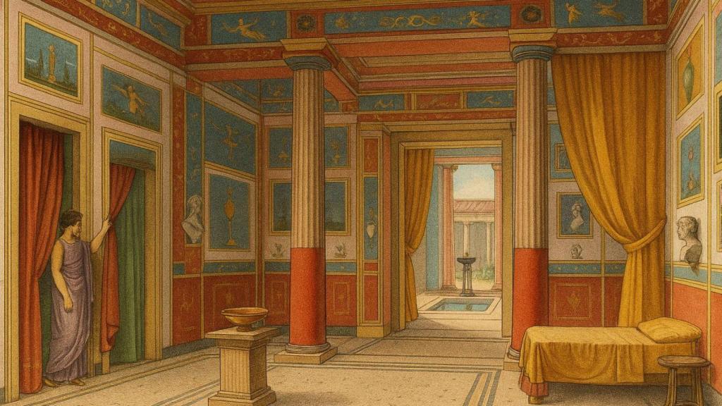 Un dormitorio romano con cortinas.