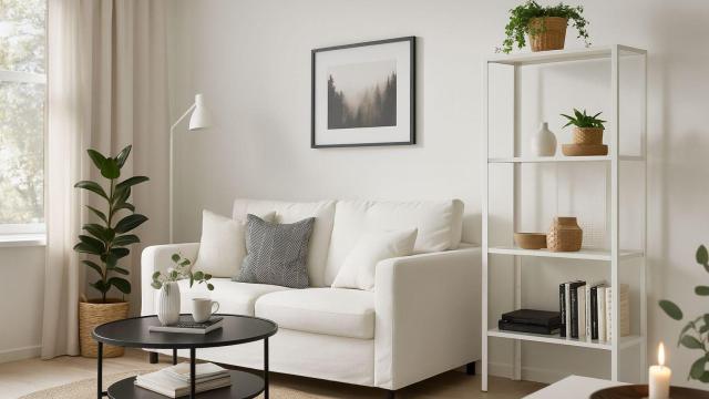 Un salón con una estantería de IKEA.