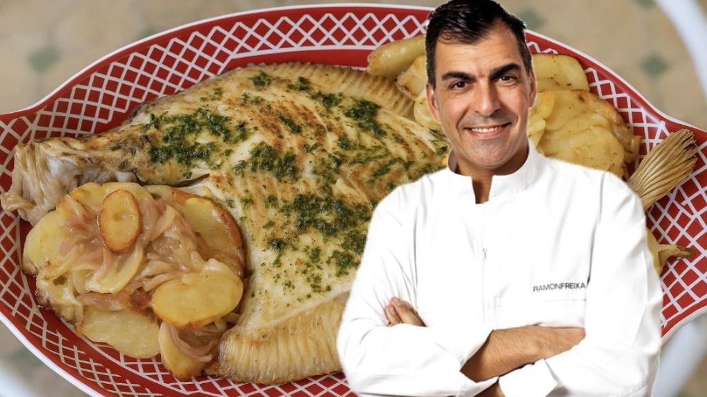 El chef Michelin Ramón Freixa y un plato de rodaballo al horno.