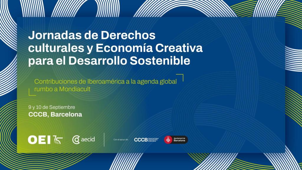 Cartel de las jornadas sobre derechos culturales de OEI y AECID en Barcelona.