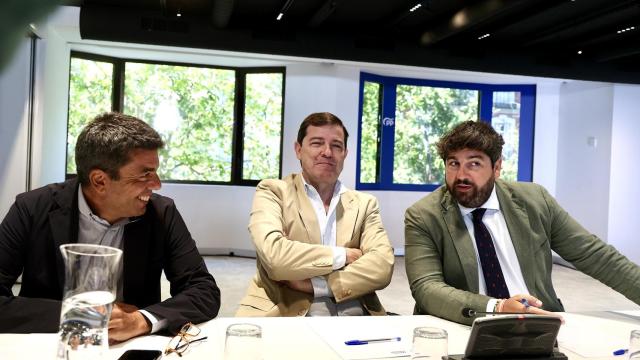Mañueco junto a López Miras y a Mazón en el Comité Ejecutivo del PP celebrado esta mañane en Madrid.