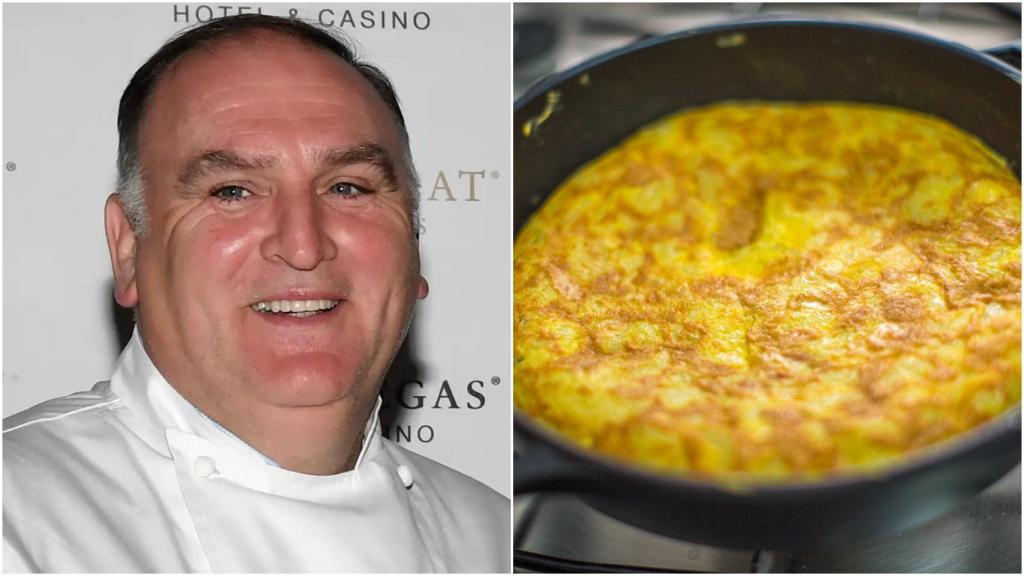 El chef José Andrés sostiene una sartén con una tortilla recién hecha.