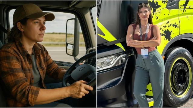 Montaje de una camionera generada con IA y Ainhoa Blasco.