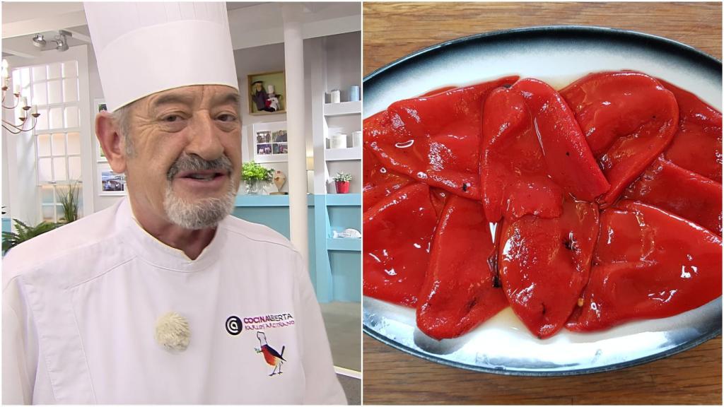 El chef Karlos Arguiñano junto a unos pimientos del piquillo en conserva.