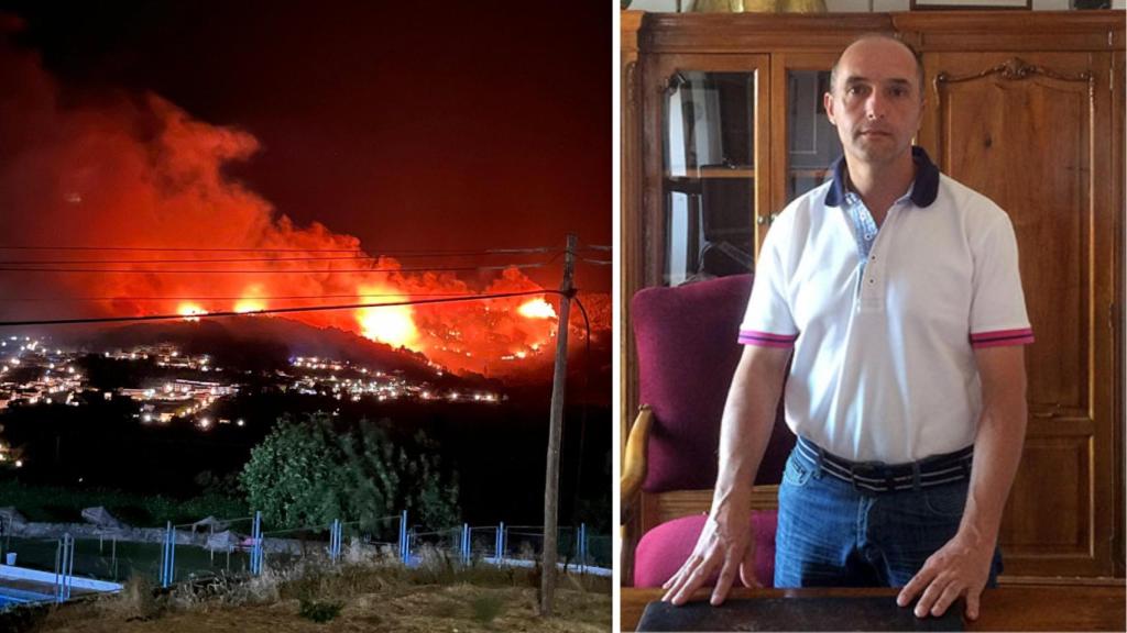 Imagen del incendio de Mombeltrán, a la una de la mañana, desde Santa Cruz del Valle (foto @Meteoavila2). A la derecha, Francisco Hernández, alcalde de Mombeltrán