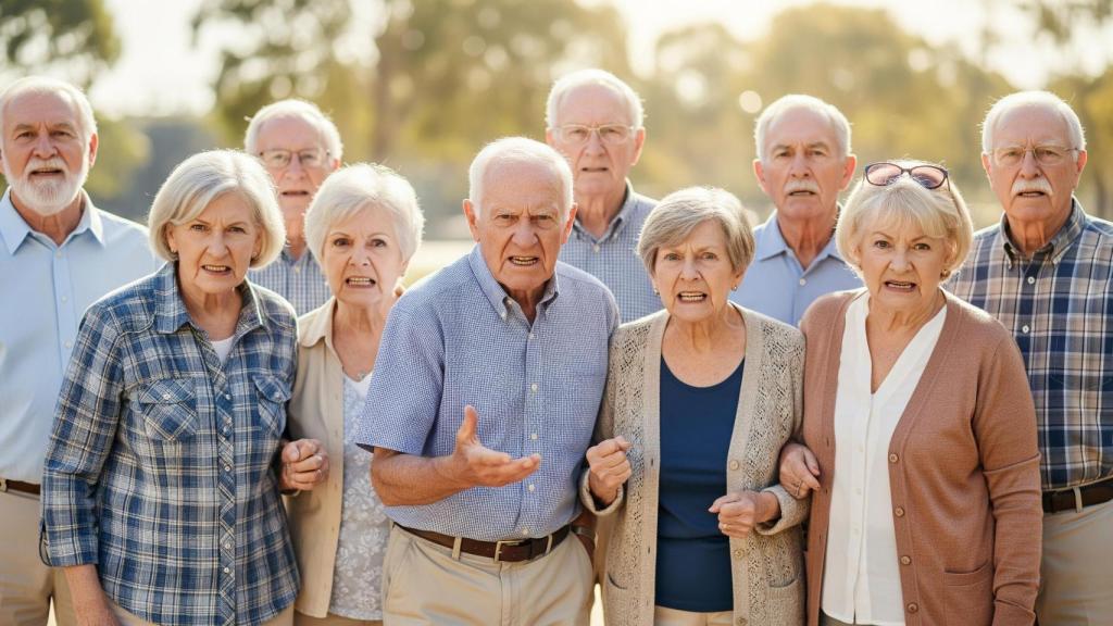 Jubilados con cara de enfado en una imagen creada con IA.
