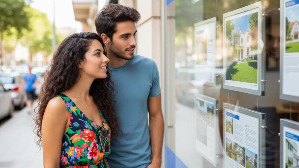 Jóvenes buscando vivienda en una imagen generada con IA.