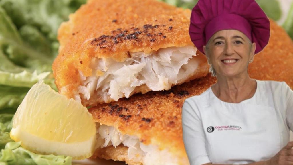 La chef y repostera Eva Arguiñano y un plato de pescado rebozado.