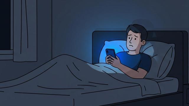 Ilustración de un hombre usando un móvil en la cama de noche