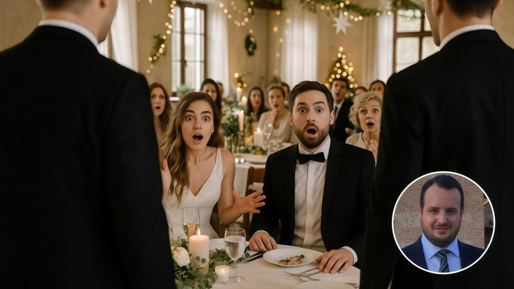 Montaje de Carlos García con unos novios sorprendidos en su boda en una imagen creada con IA.