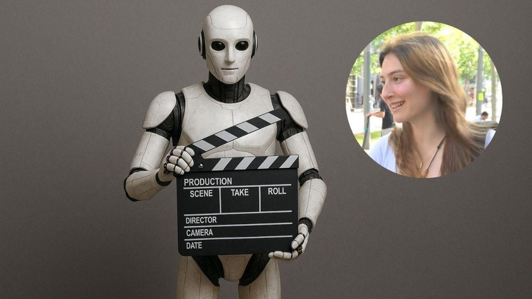 Fotomontaje de una estudiante de audiovisuales y un robot sosteniendo una claqueta.