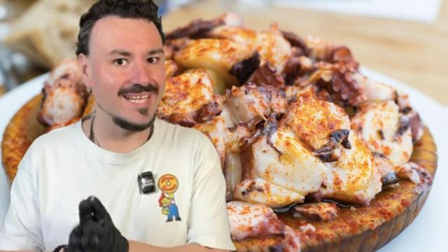 Un plato de pulpo y el cocinero, pescadero y creador de contenido, Sergio Enciso.