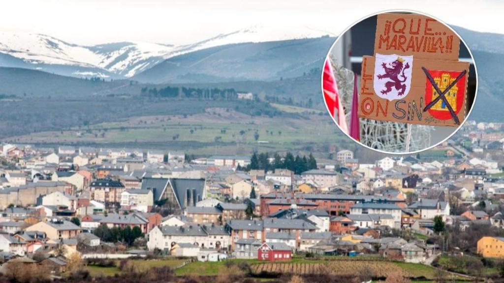 El municipio de Fabero y una pancarta en una manifestación leonesista, en un montaje de EL ESPAÑOL