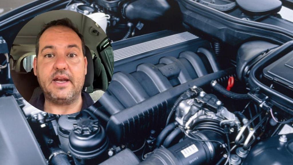 Composición de la imagen de un mecánico y el motor del coche.