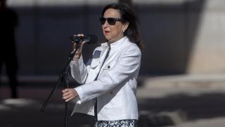 La ministra de Defensa, Margarita Robles, este miércoles en Paracuellos de Jarama, Madrid.