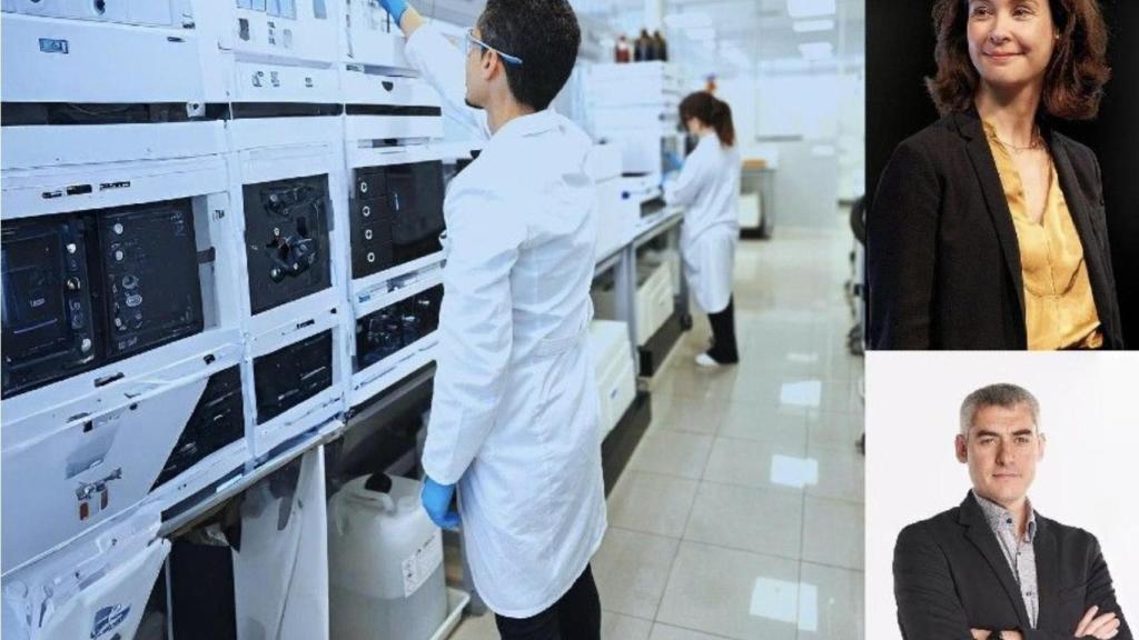 A la izquierda, laboratorios de Veolia en España, a la derecha, Estelle Brachlianoff y Daniel Tugues