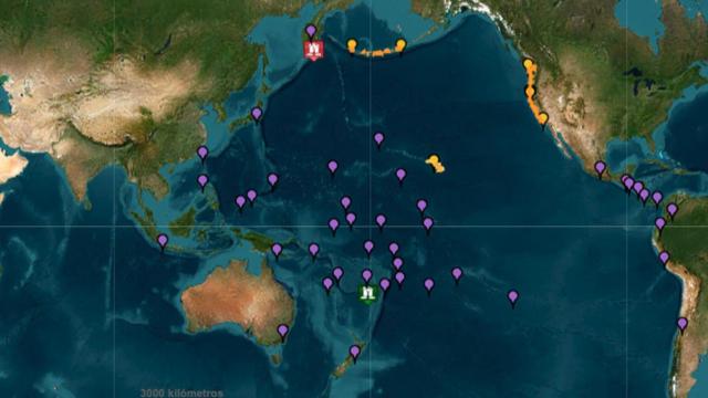 Mapa de avisos de tsunamis.