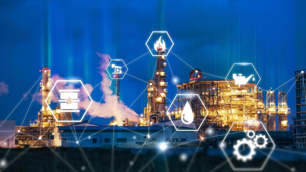 Fotomontaje de una refinería de petróleo con iconos de productos derivados de combustibles fósiles.