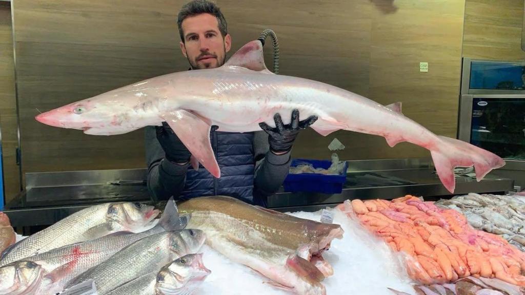 José María Sánchez, pescadero, con un cazón de pesca artesanal.