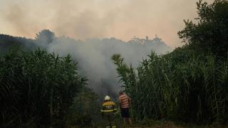 Dos personas observan el fuego, a 29 de julio de 2025, en Arbo, Pontevedra, Galicia.