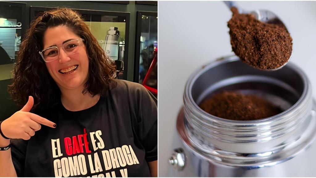 La barista María junto a una cafetera italiana.