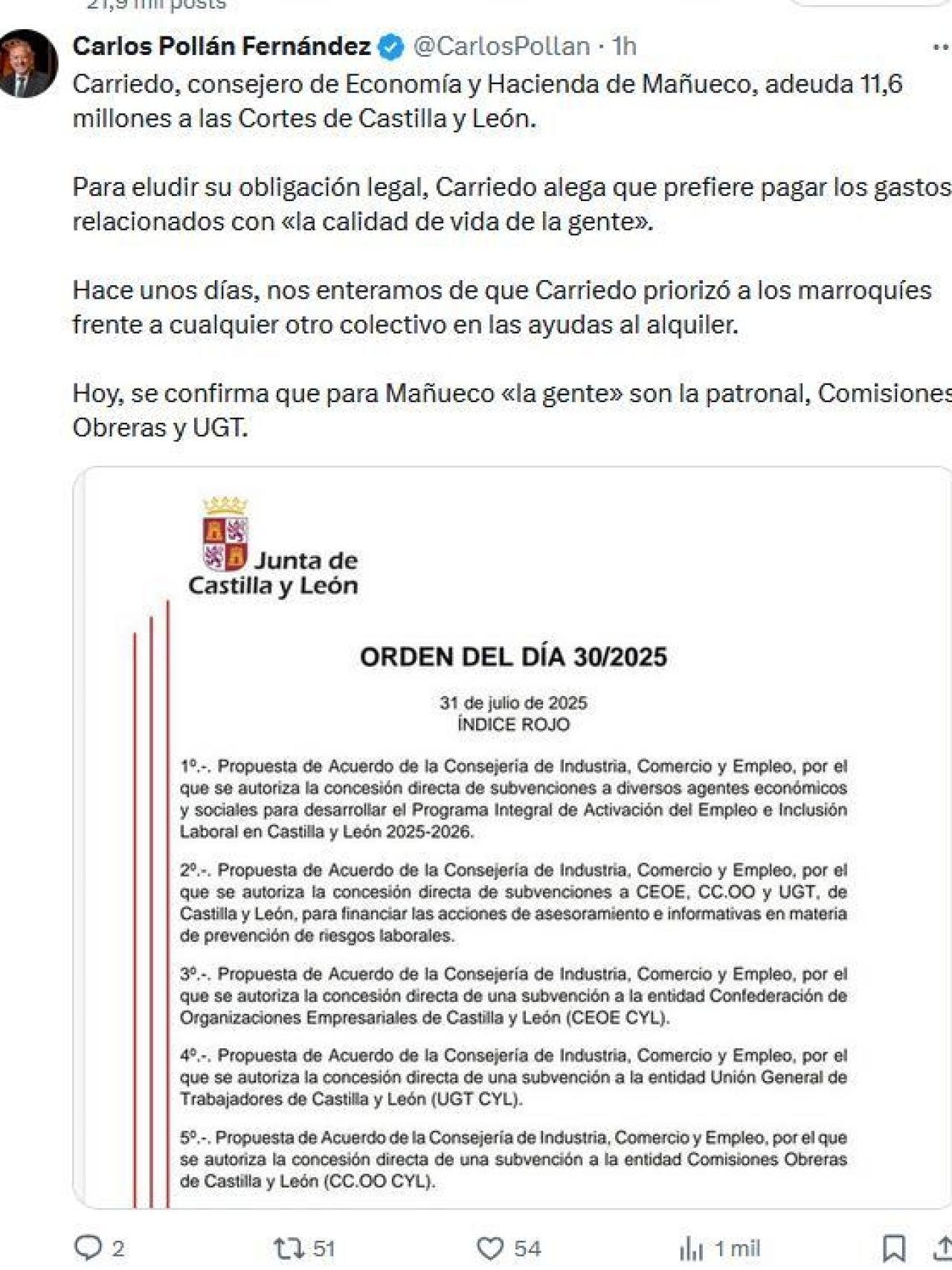 Publicación de Pollán en las redes sociales