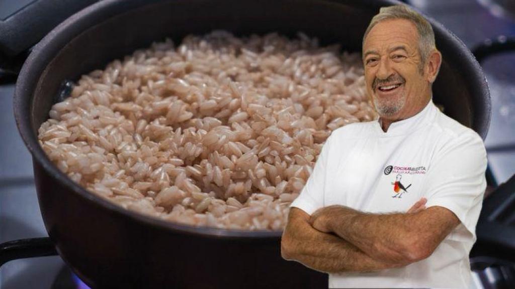 El chef Karlos Arguiñano, junto a una olla con arroz.