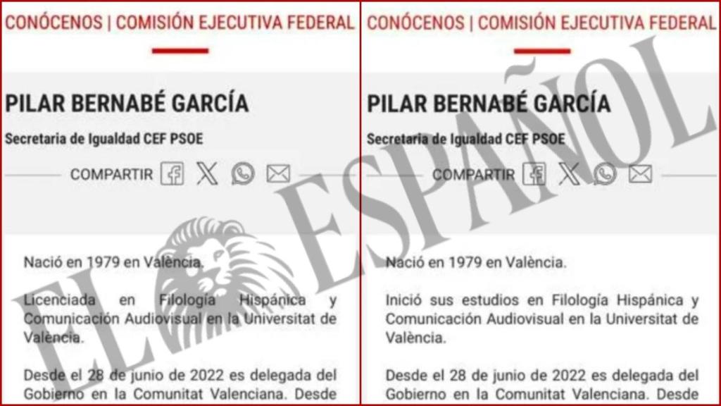 Antes y después del perfil de Bernabé en la web del PSPV-PSOE en el presente 2025. EE