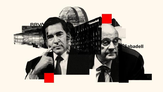 Ilustración con los presidentes de BBVA, Carlos Torres (i), y Banco Sabadell, Josep Oliu (d)