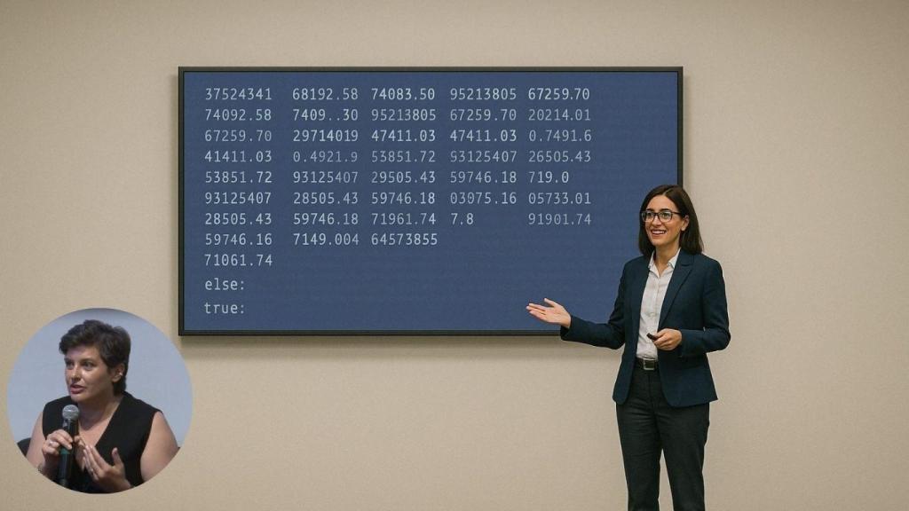 Fotomontaje de Pamela Scheurer en una imagen de una mujer explicando unos códigos informáticos.