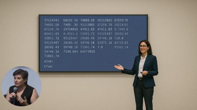 Fotomontaje de Pamela Scheurer en una imagen de una mujer explicando unos códigos informáticos.