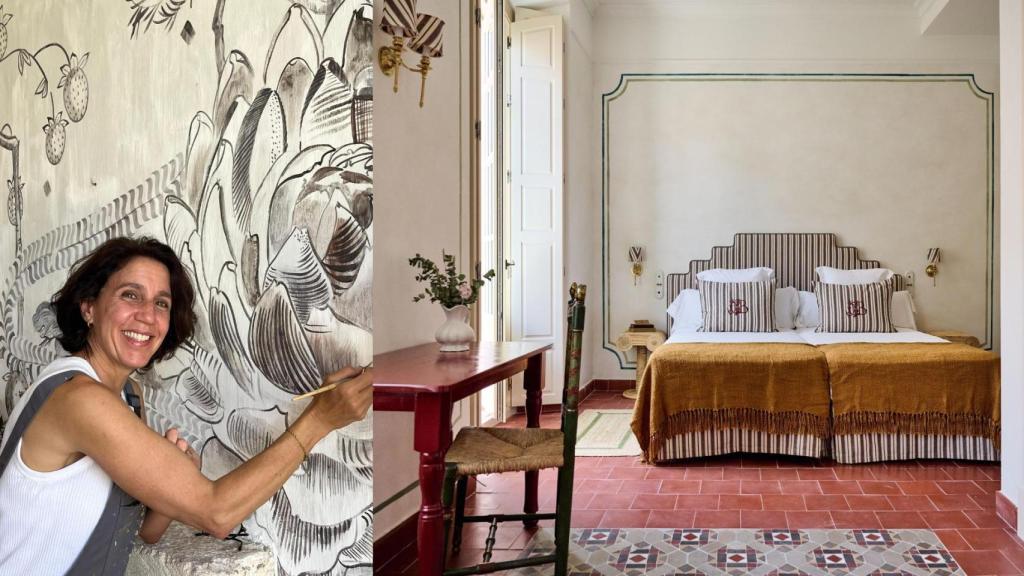 A la izquierda, la muralista pintando un mural para el decorador Luis Laplace. A la derecha, su trabajo en el hotel Cristine Bedfor Málaga, decorado por Marta de la Rica.