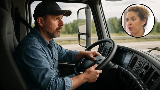 Montaje de un camionero junto a una empresaria del sector.