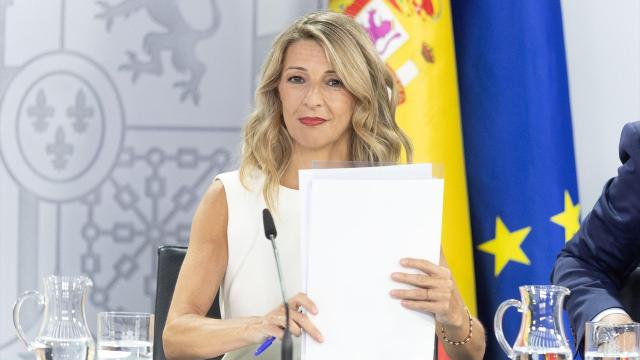 La vicepresidenta segunda y ministra de Trabajo y Economía Social, Yolanda Díaz, en la rueda de prensa del Consejo de Ministros del pasado jueves.
