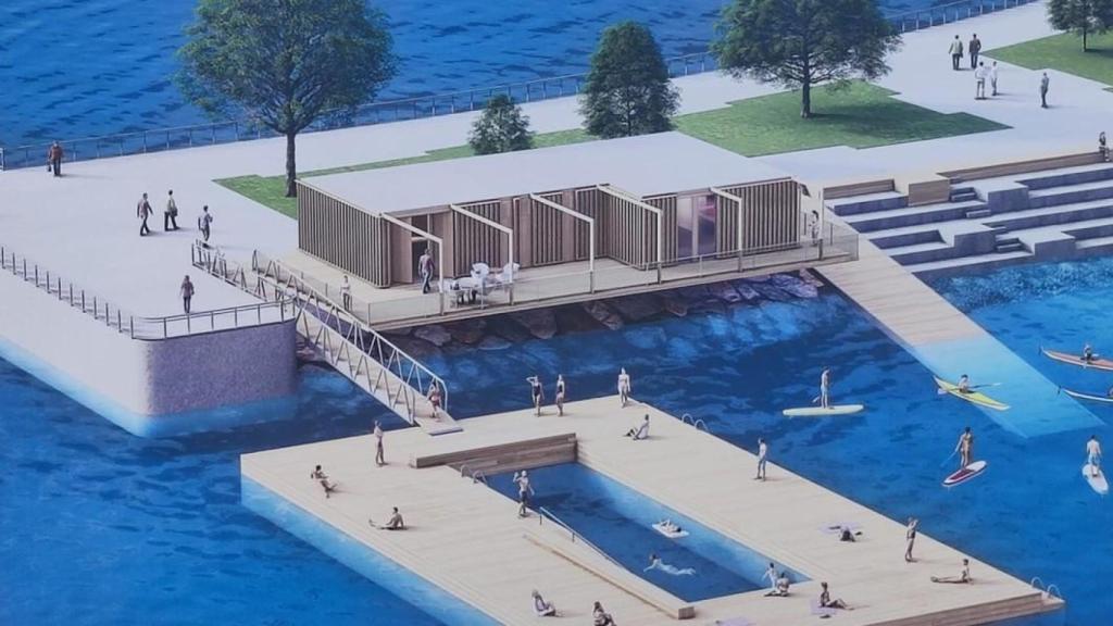 Recreación de la futura zona de baño de O Parrote, con el nuevo edificio de servicios y la piscina cerrada.