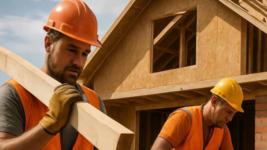 Montaje de un grupo de obreros junto con el empresario constructor.