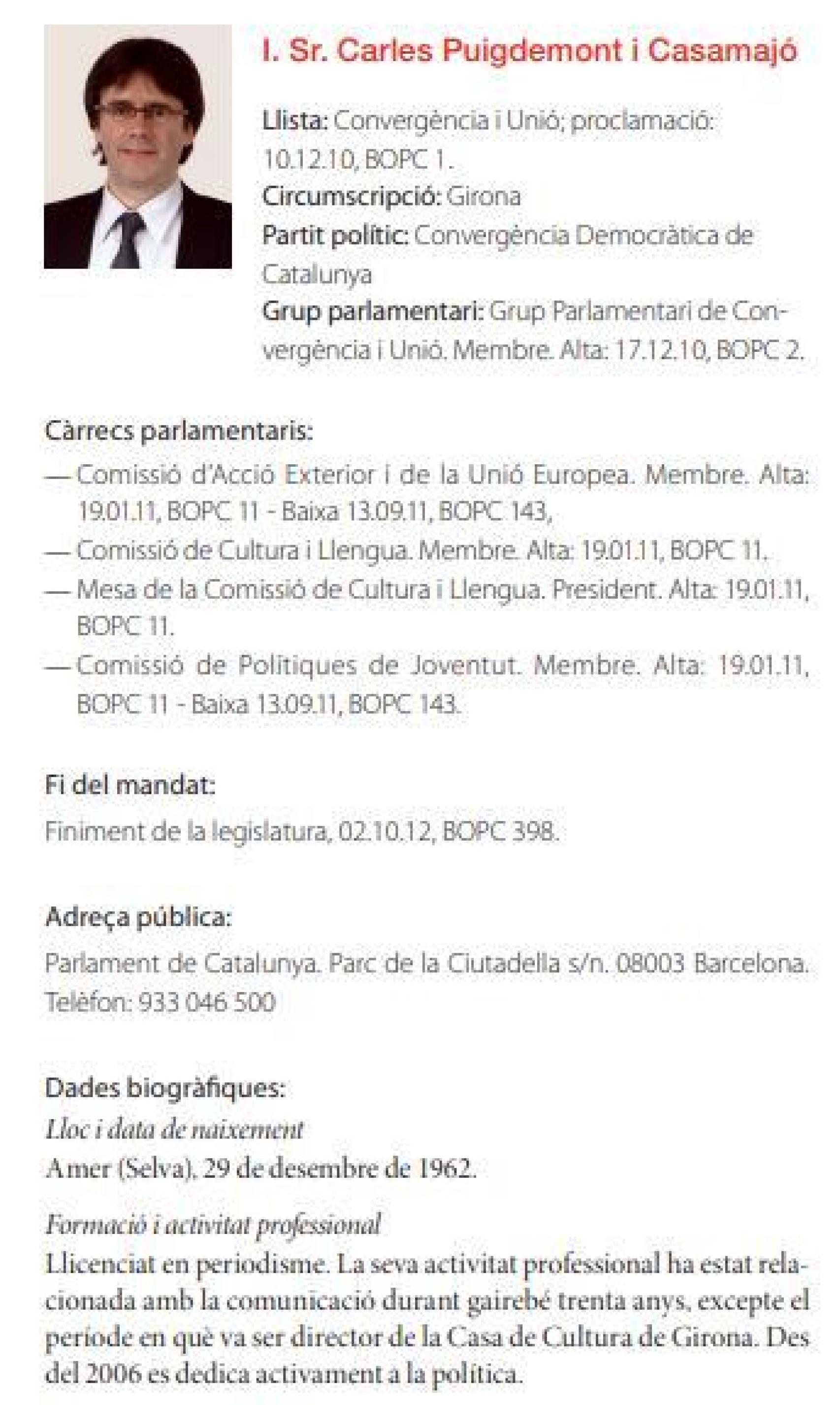 Puigdemont aparece identificado como Licenciado en Periodismo en la memoria del Parlament.