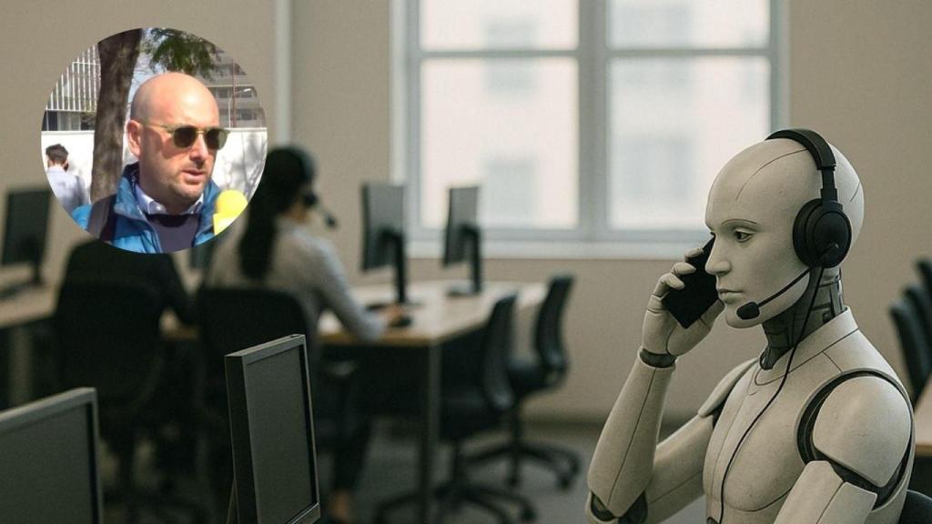 Fotomontaje de un emprendedor CEO de una compañía de IA y un robot hablando por teléfono.