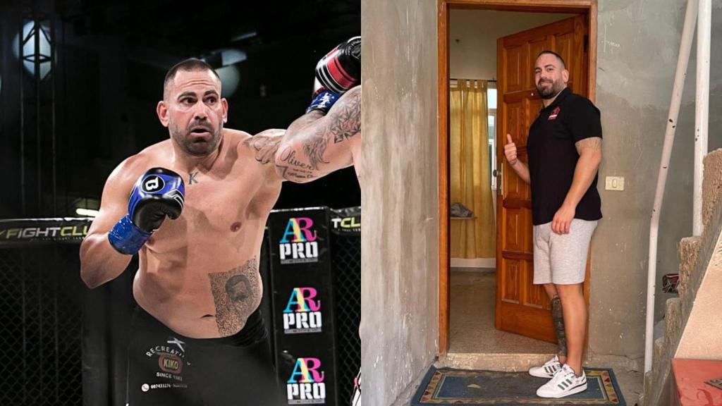 Moisés Baute. A la izquierda en un torneo de 'kickboxing' y, a la derecha, en la empresa Desokupa Ahora.